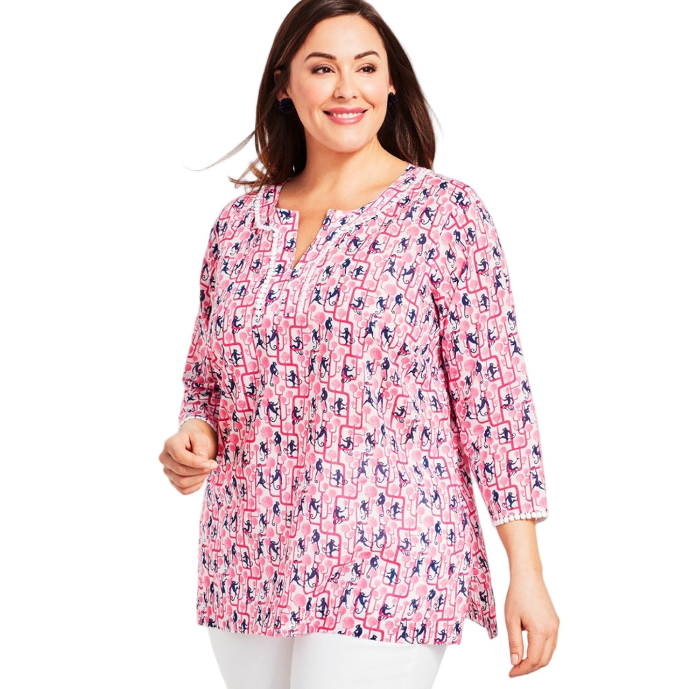 TALBOTS Tunic Top Lightweight Pink White Blue Monkey Print Women 1X